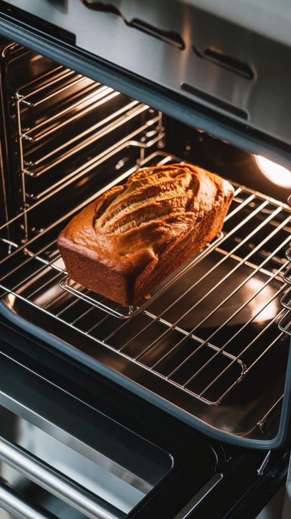 snickerdoodle banana bread baking in a modern stainless steel oven, the golden-brown crust forming on top