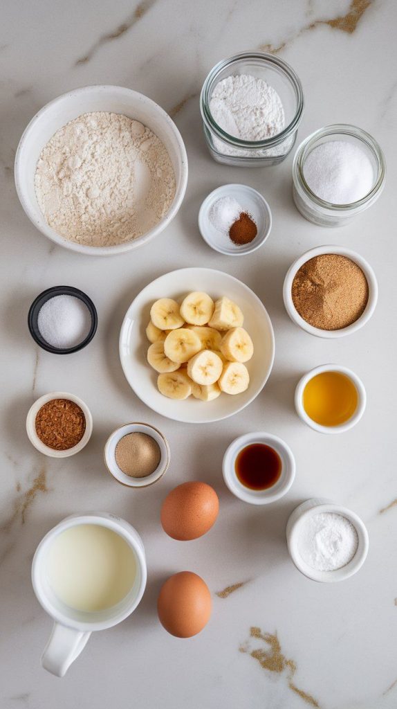 a small plate of mashed bananas, a small plate of all-purpose flour, a small plate of baking soda, a small plate of baking powder, a small plate of salt, a small plate of cinnamon, a small plate of granulated sugar, a small plate of brown sugar, a small plate of eggs, a small plate of melted butter, a small plate of vanilla extract, a small plate of milk, a small plate of extra granulated sugar, and a small plate of extra cinnamon. Each ingredient is stored in a jar or placed on a small plate with no labels.