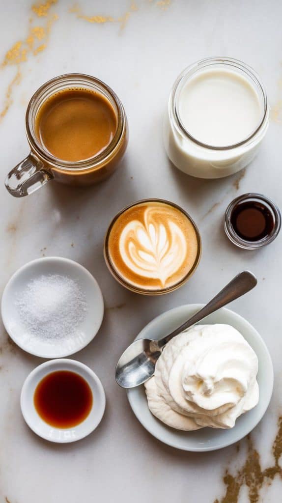 all ingredients for a Starbucks copycat smoked butterscotch latte arranged on a white marble countertop with hints of gold. A small glass jar holds butterscotch sauce, and another contains milk