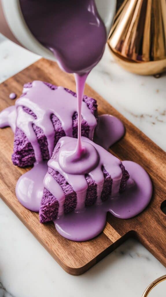 golden-brown ube scones drizzled with shiny purple ube glaze, served on a white plate with crumbs around the edge.