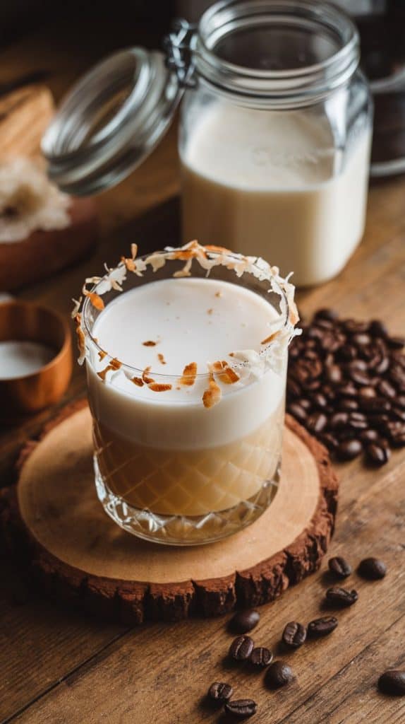 A finished Coconut White Russian in a rocks glass, garnished with toasted coconut flakes on the rim, set on a rustic wooden table with a jar of coconut milk and coffee beans nearby. 