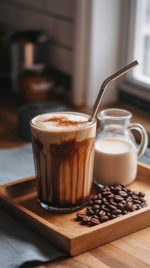 A finished iced coffee drink with a sprinkle of cinnamon on top and a drizzle of maple syrup down the glass