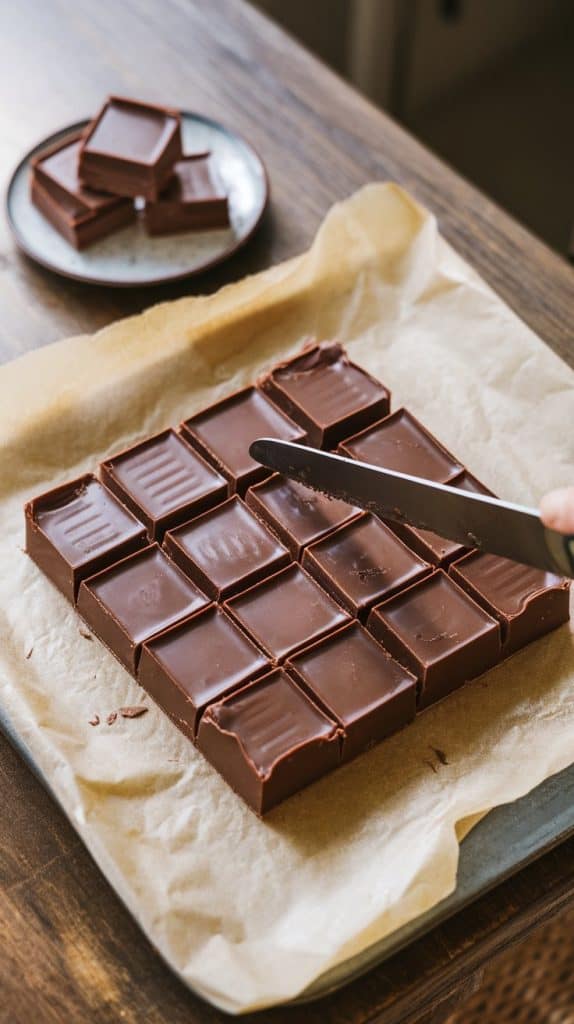 A batch of chocolate fudge lifted out of the pan on parchment paper, being cut into neat square pieces with a knife.