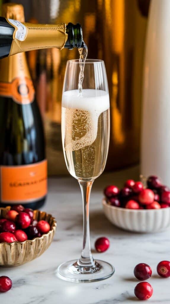A champagne flute being filled halfway with bubbly champagne, with bubbles rising to the surface.