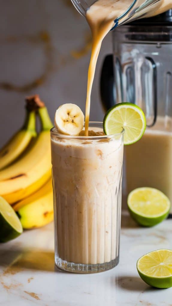 creamy frozen banana daiquiri freshly poured into a tall clear glass