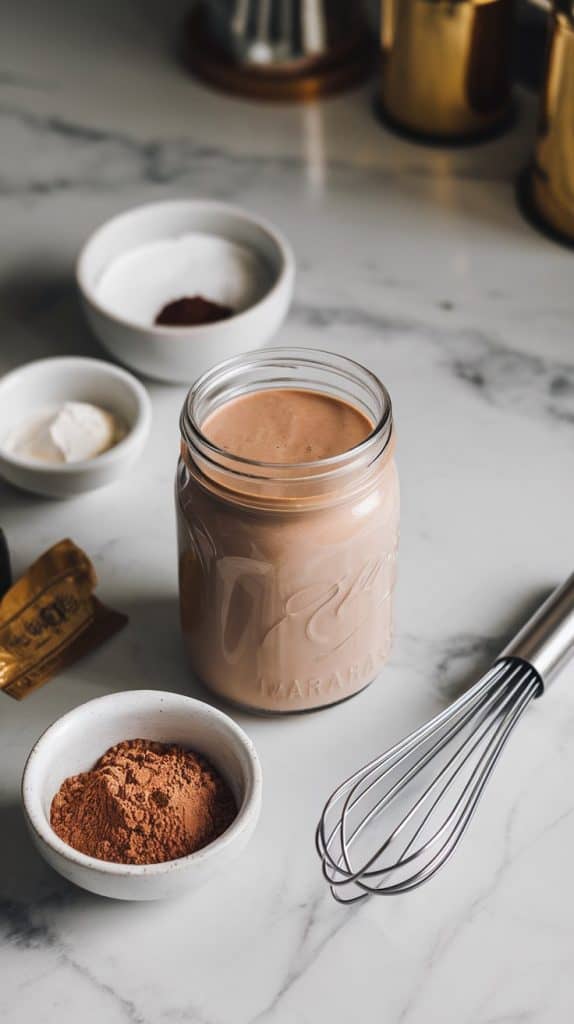 A glass jar filled with homemade Irish Cream Coffee Creamer in a light mocha color,
