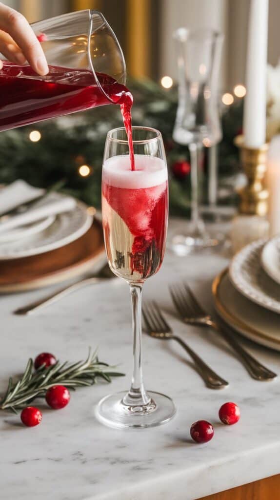 Cranberry juice being poured into a champagne flute filled halfway with champagne, creating a beautiful red ombre effect