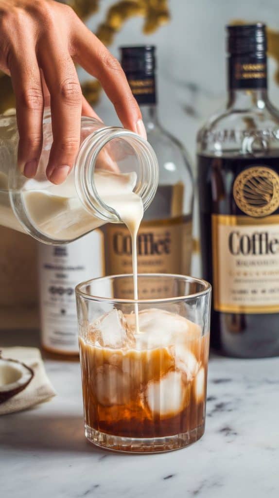 A hand pouring creamy coconut milk from a small jar into a rocks glass filled with vodka and coffee liqueur, creating swirls in the drink. 