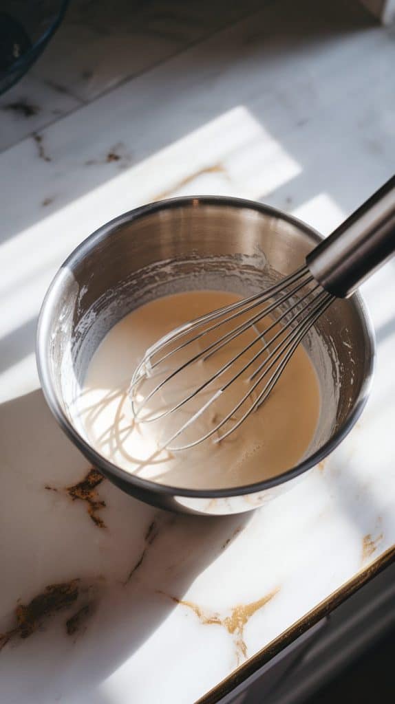 A mixing bowl with heavy cream, milk, and sweetened condensed milk being whisked together