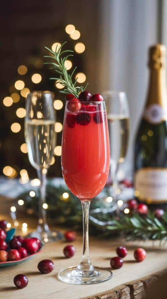 A cranberry mimosa garnished with fresh cranberries and a sprig of rosemary, served in a tall champagne flute.