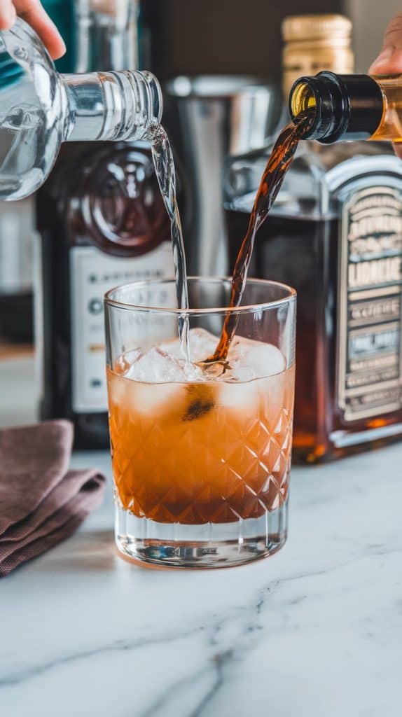 A rocks glass filled with ice as vodka and coffee liqueur are poured in, with bottles and a napkin nearby on a white marble counter. 