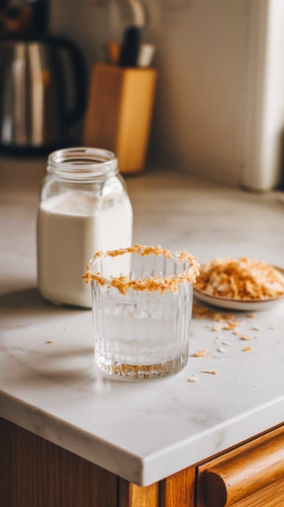 A rocks glass being rimmed with toasted coconut flakes, set on a white marble counter with a jar of coconut milk and a small plate of toasted coconut nearby. 