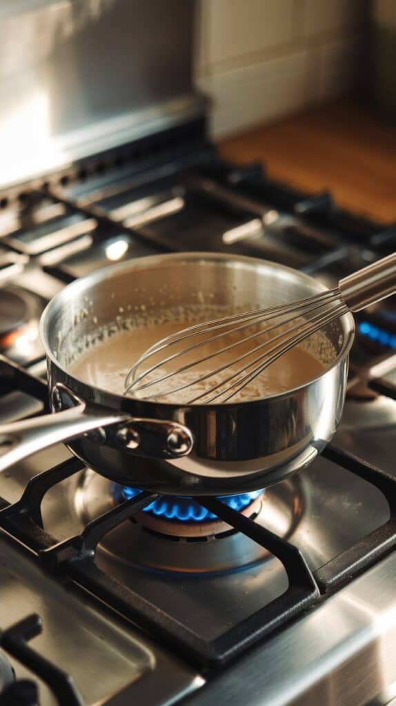 A saucepan on a modern stainless steel gas stove