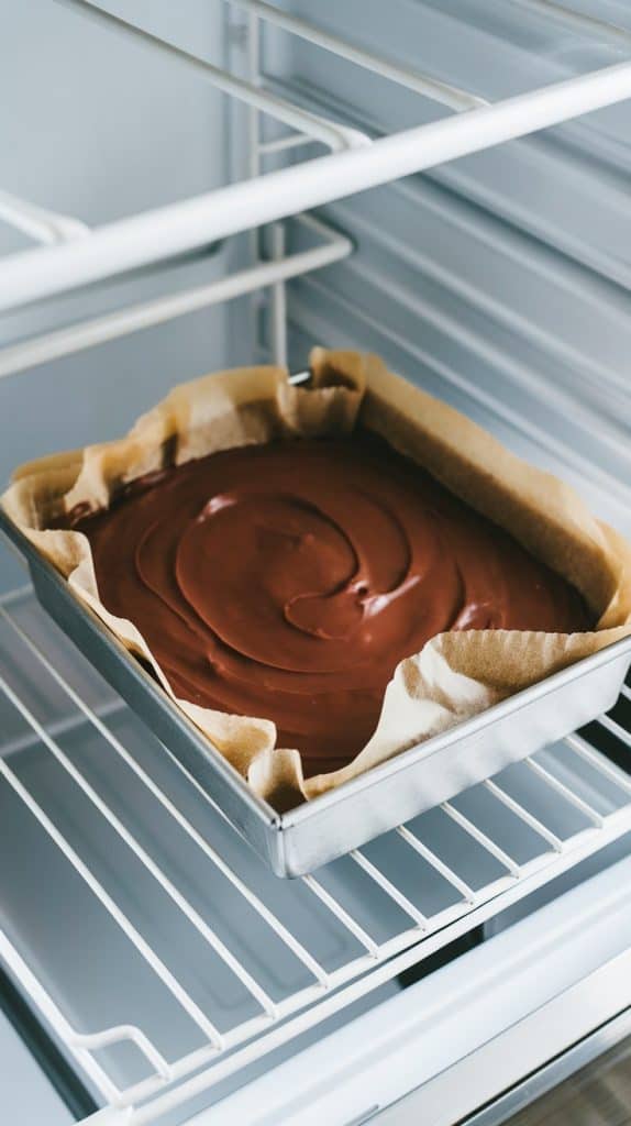 An 8x8 baking pan of chocolate fudge resting in a modern stainless steel fridge. The fudge is smooth and glossy, with parchment paper neatly lining the pan