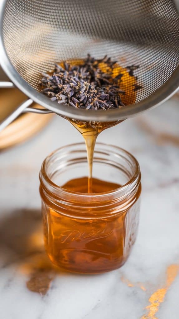 golden honey lavender syrup flowing through a fine-mesh sieve into a small glass jar.