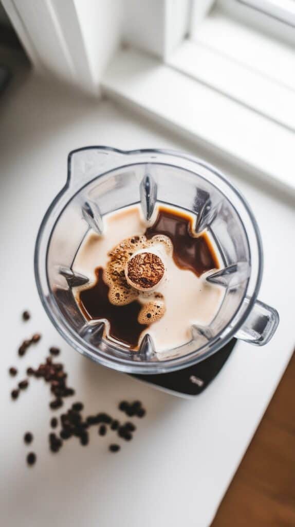 A blender filled with chilled coffee, almond milk, vanilla protein powder, maple syrup, and vanilla extract, blending to a creamy texture.