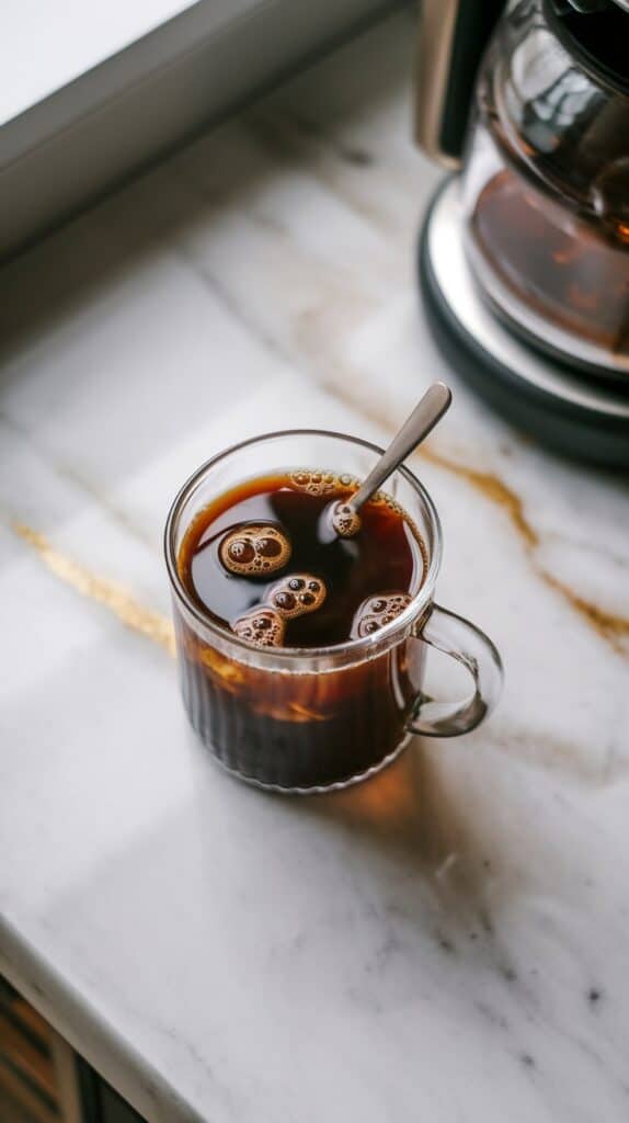 A cup of freshly cold brewed coffee in a glass mug, cooling on a white marble counter with hints of gold.