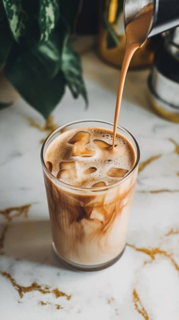 A tall glass being filled with creamy vanilla maple protein coffee over ice cubes. The drink has a smooth, frothy consistency