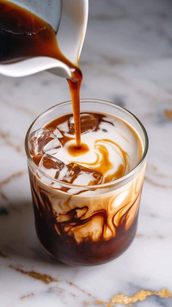  a glass filled with ice, rich dark cold brew pouring in, followed by a drizzle of golden honey lavender syrup and a splash of creamy milk swirling beautifully