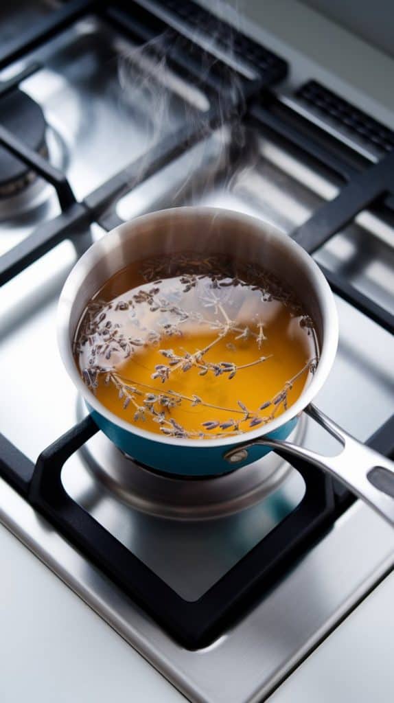 a small saucepan with golden honey and tiny lavender buds floating in the simmering liquid