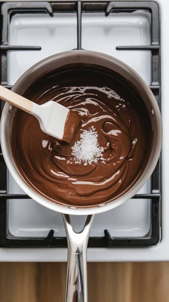A spatula stirring vanilla extract and a pinch of sea salt into a smooth, melted chocolate fudge mixture in a saucepan