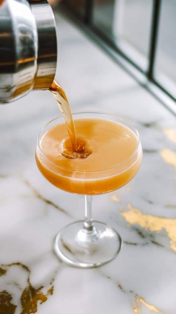 A spiced rum daiquiri being poured from a shaker into a chilled coupe glass
