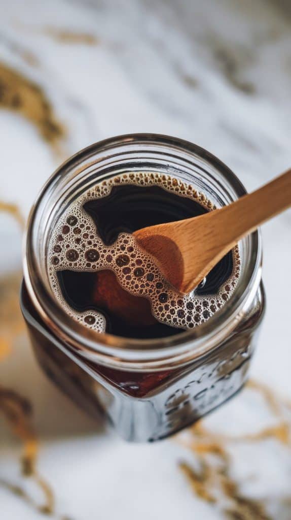 a glass jar filled with dark coffee grounds and cold water.