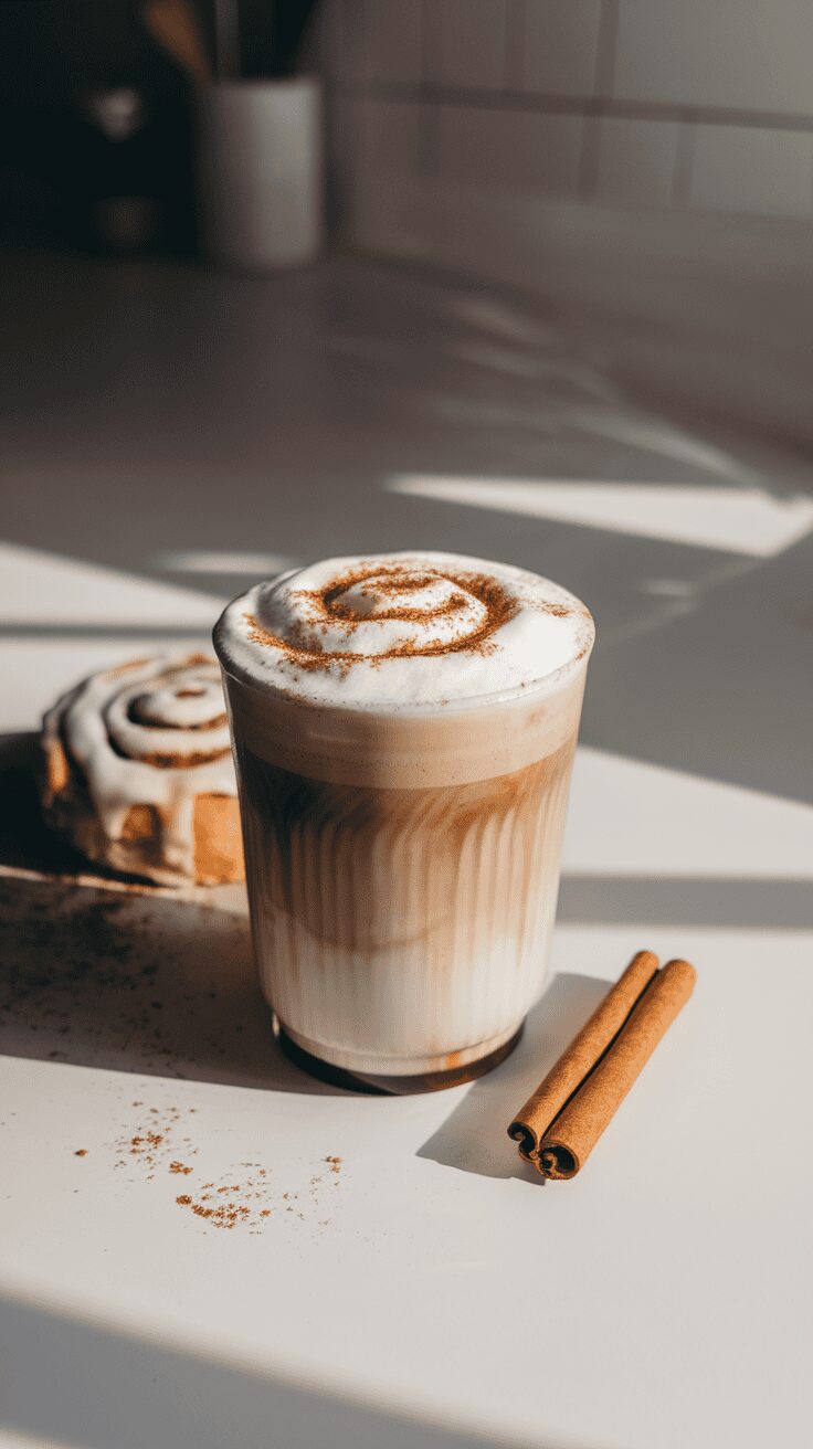 A frothy cinnamon roll protein coffee with a cinnamon roll and cinnamon sticks beside it.