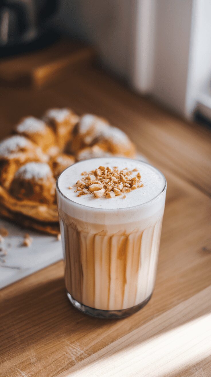 A glass of hazelnut protein latte topped with crushed nuts, placed next to a pastry.