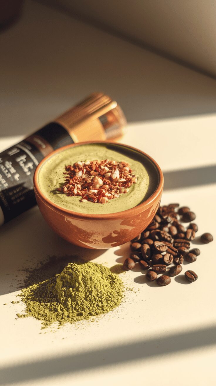 A bowl of matcha coffee blend with coffee beans and matcha powder around it.