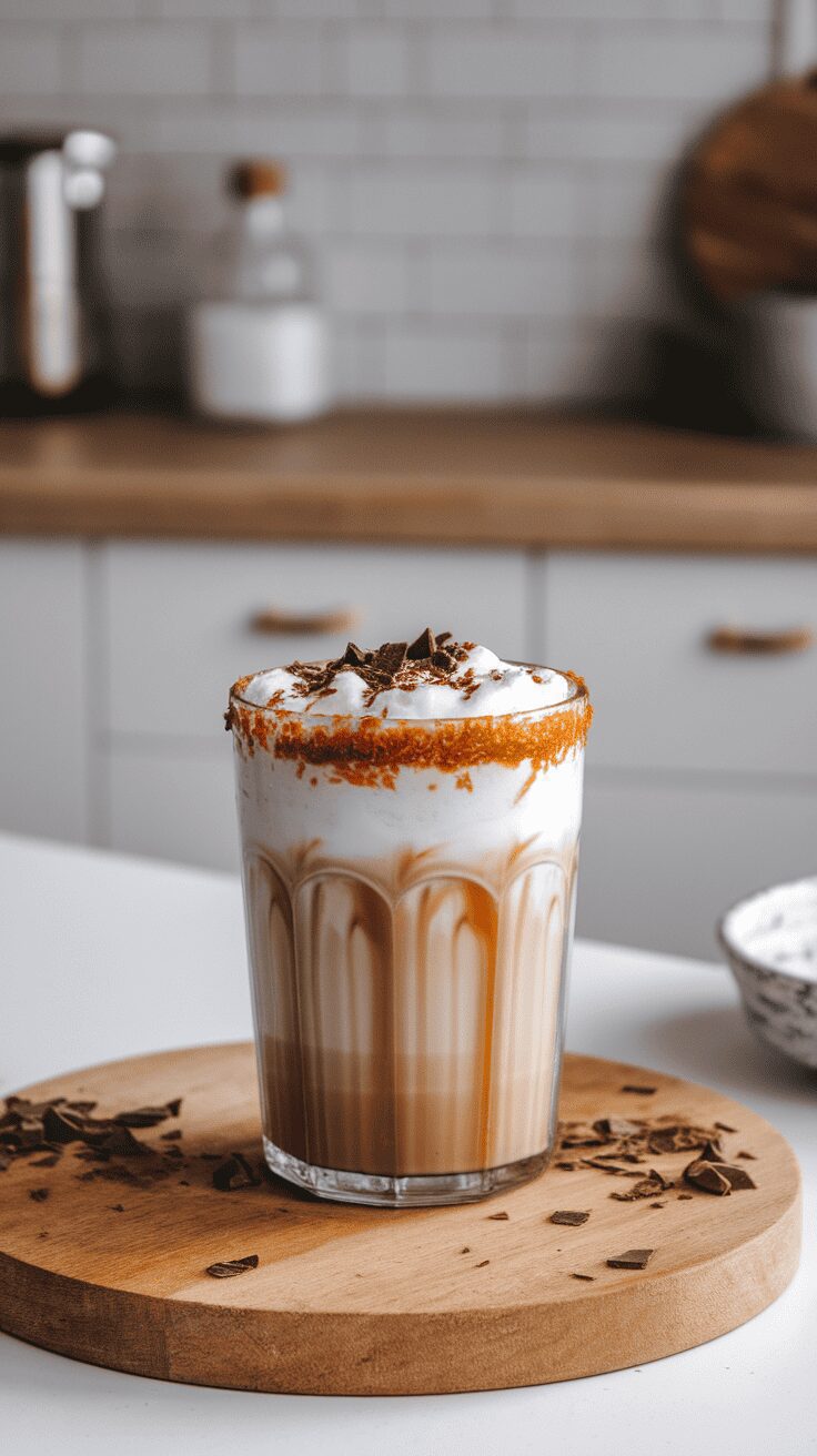 A glass of iced salted caramel protein coffee topped with whipped cream and chocolate shavings.