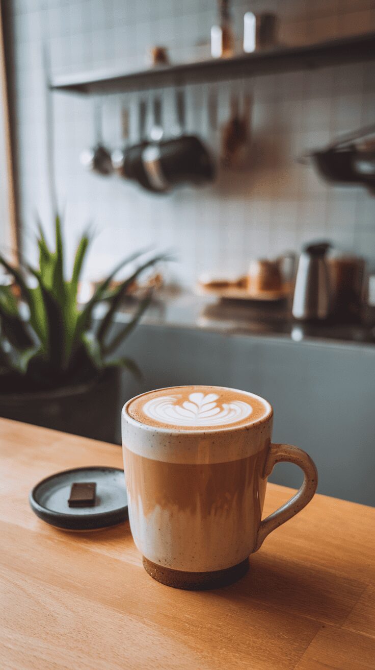 A beautifully crafted vanilla protein latte served in a cozy kitchen setting
